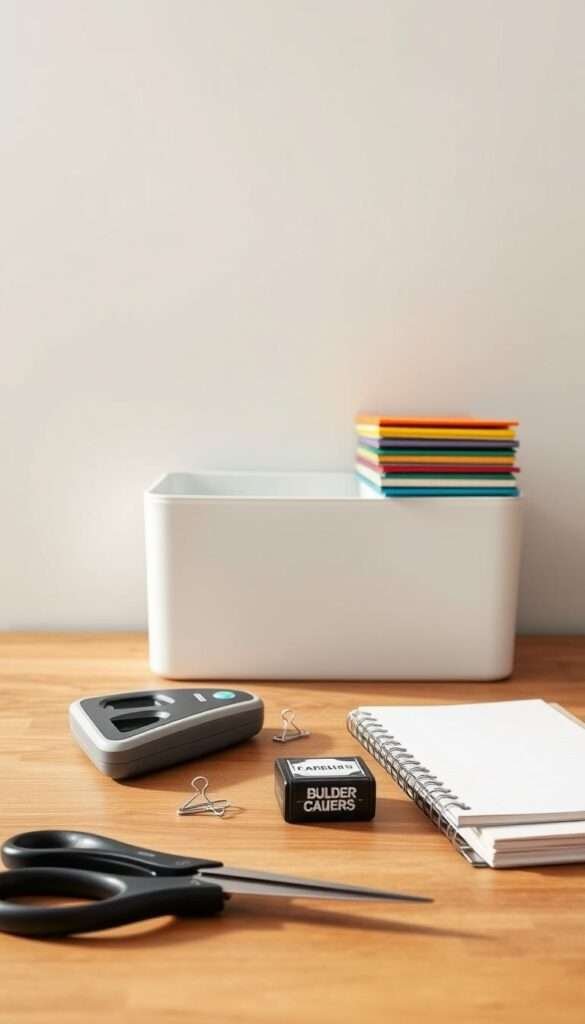 A clean, minimalist still life capturing the essentials of a decluttering toolkit. In the foreground, a wooden desktop is neatly arranged with a pair of scissors, a label maker, a box of binder clips, and a small notebook. Midground, a sleek white storage bin and a stack of colorful folders stand ready. The background is a simple, light-colored wall, creating a sense of openness and calm. Soft, diffused lighting illuminates the scene, casting gentle shadows and highlighting the textures of the materials. The overall composition conveys a sense of organization, efficiency, and the tools needed to tackle the clutter and create a more harmonious space.