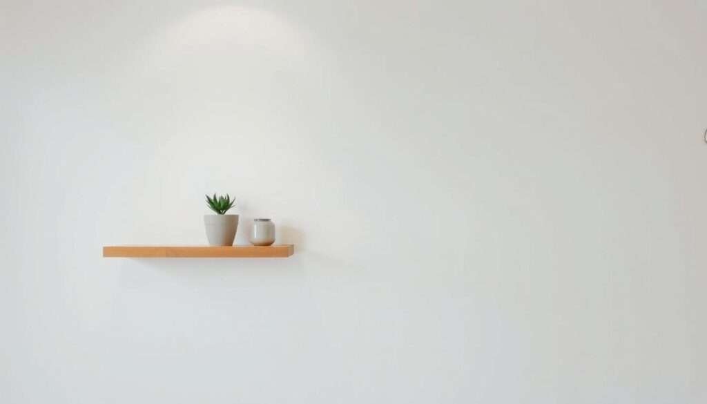 A clean, minimalist wall with a simple but elegant display of a few carefully selected decor pieces. The lighting is soft and diffused, creating a calming, serene atmosphere. In the foreground, a floating wooden shelf holds a potted plant and a small sculptural piece, both in neutral tones that complement the neutral wall color. In the background, the wall is adorned with a single, modern metal art piece that adds a touch of visual interest without overwhelming the space. The overall composition emphasizes the importance of balance, simplicity, and purposeful curation in maintaining a minimalist aesthetic over time.