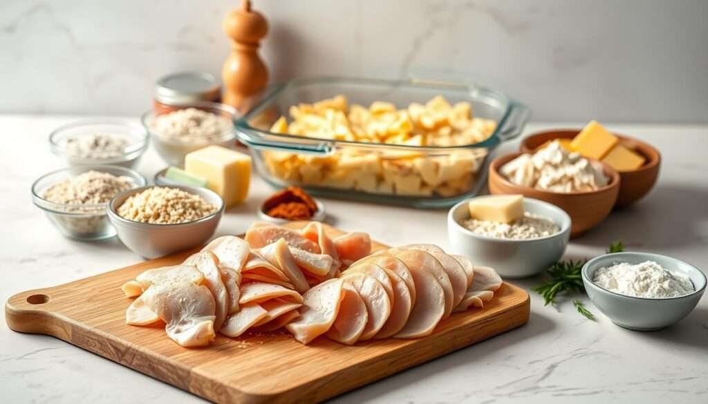 A clean, well-lit kitchen counter, showcasing a variety of fresh, high-quality ingredients for a delectable chicken cordon bleu casserole. In the foreground, a cutting board with sliced chicken breasts, ham, and Swiss cheese. Surrounding the board, artfully arranged bowls of breadcrumbs, flour, butter, and other essential seasonings. In the middle ground, a glass baking dish, ready to be filled with the prepared ingredients. The background features a neutral, softly-lit backdrop, allowing the vibrant colors and textures of the food items to take center stage. The overall mood is one of culinary anticipation, inviting the viewer to imagine the flavors and textures of the final dish.