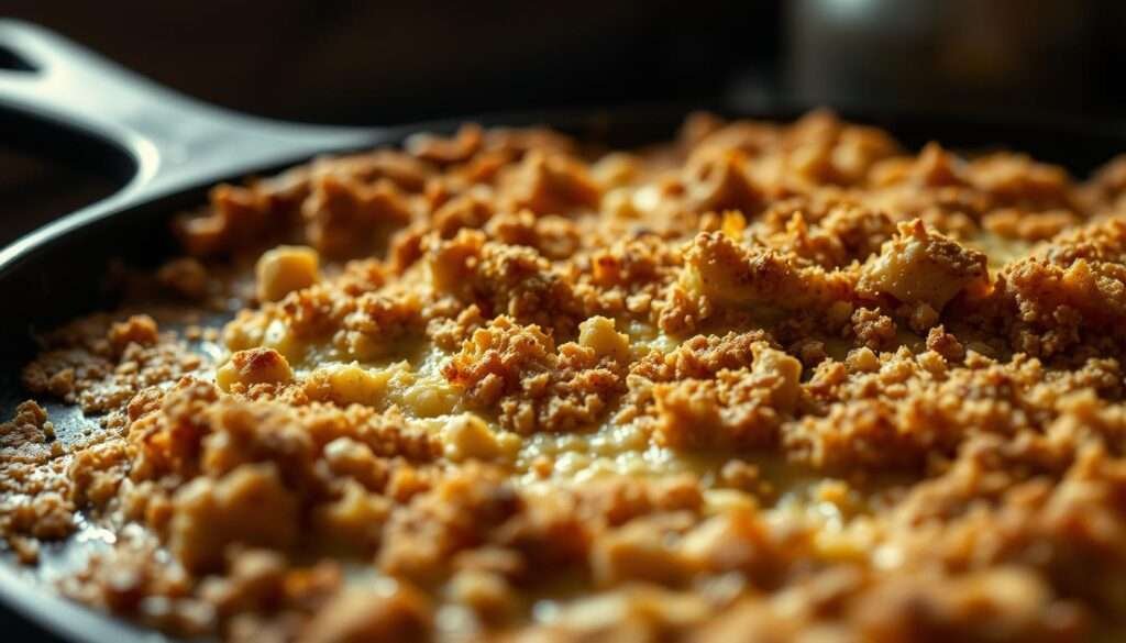 A close-up, detailed view of a casserole skillet, showcasing the top layer of a hearty, steaming casserole. The skillet is made of cast iron, with a well-worn, textured surface. The casserole is adorned with a golden-brown, crunchy topping, perhaps a mixture of breadcrumbs, cheese, and herbs. The lighting is soft and warm, creating a cozy, inviting atmosphere, as if the casserole has just been pulled from the oven. The angle is slightly elevated, providing a clear view of the casserole's surface and the skillet's rim. The overall mood is one of comforting simplicity, highlighting the rustic and homemade nature of the dish.