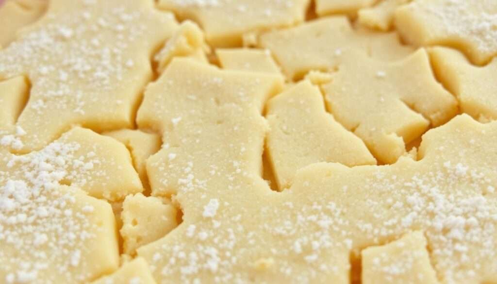 A close-up of a freshly baked shortbread crust, its golden-brown surface sprinkled with a light dusting of powdered sugar. The crust appears delicate yet sturdy, with a tender, melt-in-your-mouth texture. Soft, even lighting highlights the crust's subtle flecks and gentle curves, creating a inviting, homemade appearance. The image is captured from a low angle, emphasizing the crust's rustic, artisanal quality. The background is blurred, keeping the focus on the intricate details of the shortbread's crumb structure and buttery richness.