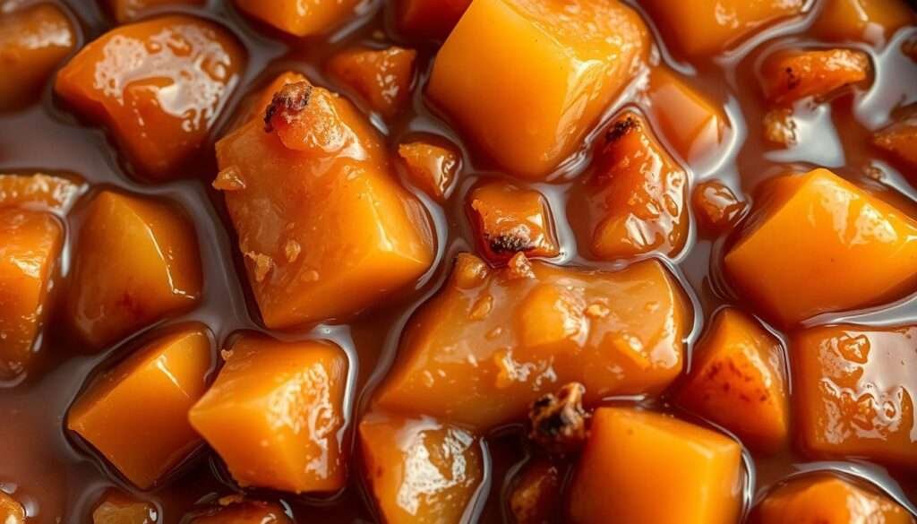 A close-up photograph of a deep, rich apple filling, glistening with a glossy, caramel-like sauce. The apples are chunky and tender, infused with warm spices like cinnamon and nutmeg. The filling has a luscious, velvety texture, with visible strands of vanilla bean and specks of golden brown sugar. Soft, natural lighting illuminates the depth of the filling, casting gentle shadows that accentuate its homemade, handcrafted quality. The image has a cozy, autumnal mood, evoking the comforting flavors of a classic fall dessert.