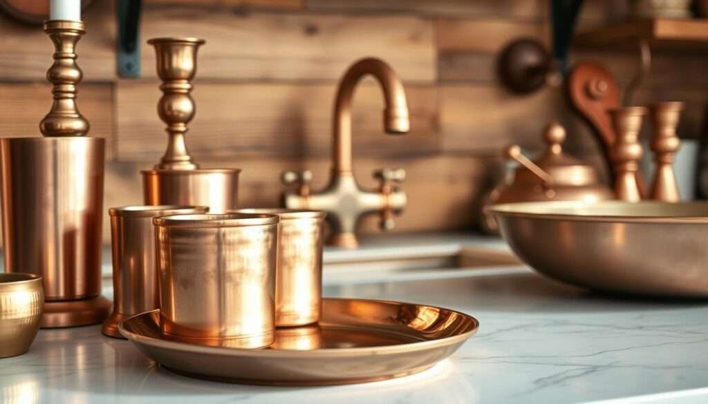 A close-up shot of a Boho-inspired kitchen counter or table surface, showcasing a captivating arrangement of brass and copper hardware touches. In the foreground, a mix of sleek copper cups, candlesticks, and decorative trays with a warm, matte finish catch the light, casting gentle reflections. In the middle ground, a vintage-inspired brass or copper faucet or cabinet hardware shines, drawing the eye. The background features a textured, natural-toned surface, such as weathered wood or natural stone, to provide a rustic, earthy backdrop. The overall scene should convey a sense of elegance, craftsmanship, and a touch of industrial chic, perfectly suited for a cozy and chic Boho-style kitchen.