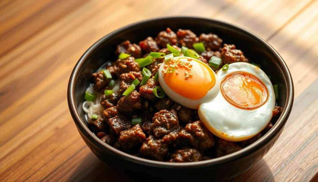 A close-up shot of a beautifully plated Korean ground beef bowl. The beef is sizzling hot, glistening with a rich, savory sauce, and garnished with vibrant green onions, toasted sesame seeds, and a soft-boiled egg with a runny yolk. The bowl is placed on a wooden table, with a clean, minimalist background that allows the dish to take center stage. Warm, natural lighting casts a soft, inviting glow, highlighting the textures and colors of the ingredients. The overall composition and presentation evoke the comforting, homemade feel of an authentic Korean meal.