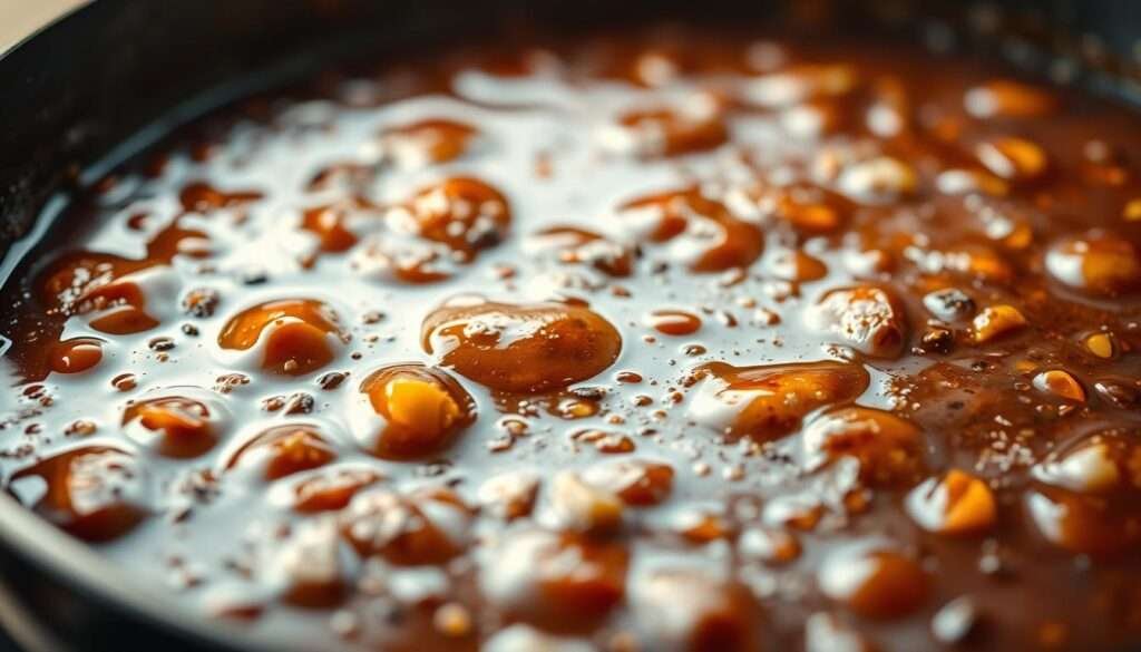 A close-up shot of a delicious Korean skillet sauce, glistening with a rich, savory glaze. In the foreground, the sauce bubbles and simmers, its deep brown hue infused with aromatic spices and umami flavors. The middle ground reveals the sauce's thick, glossy texture, with subtle hints of garlic, ginger, and soy. The background is softly blurred, allowing the viewer to focus on the captivating essence of the sauce. Illuminated by warm, natural lighting, the scene evokes a sense of homemade comfort and authentic Korean culinary tradition.