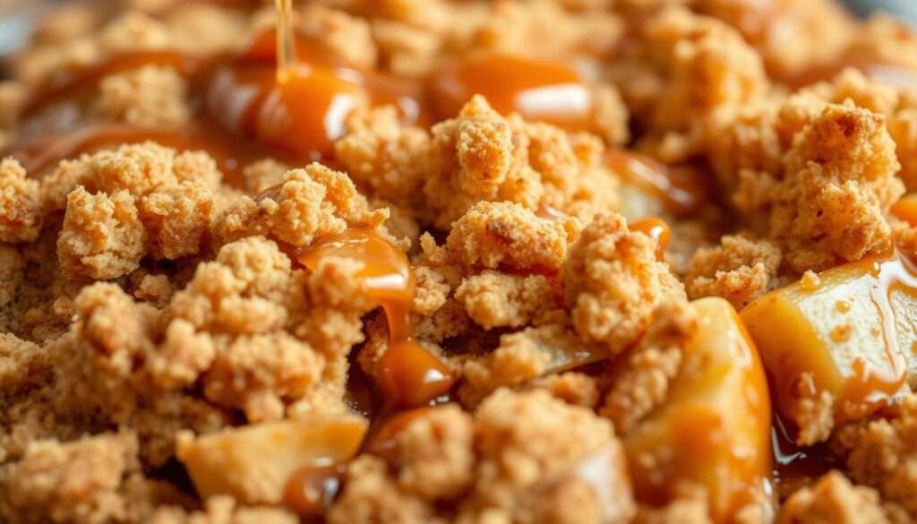 A close-up shot of a freshly baked apple crumb cake, the buttery cinnamon-sugar topping glistening under warm lighting. The crumbly texture of the topping contrasts with the moist, tender cake beneath, dotted with chunks of juicy, caramelized apples. A drizzle of cinnamon-infused glaze cascades over the top, adding a glossy sheen and an irresistible hint of spice. The composition emphasizes the layered textures and flavors, evoking the comforting aroma of a homemade autumn dessert. Shot with a shallow depth of field to focus the viewer's attention on the irresistible details of the cake's topping.
