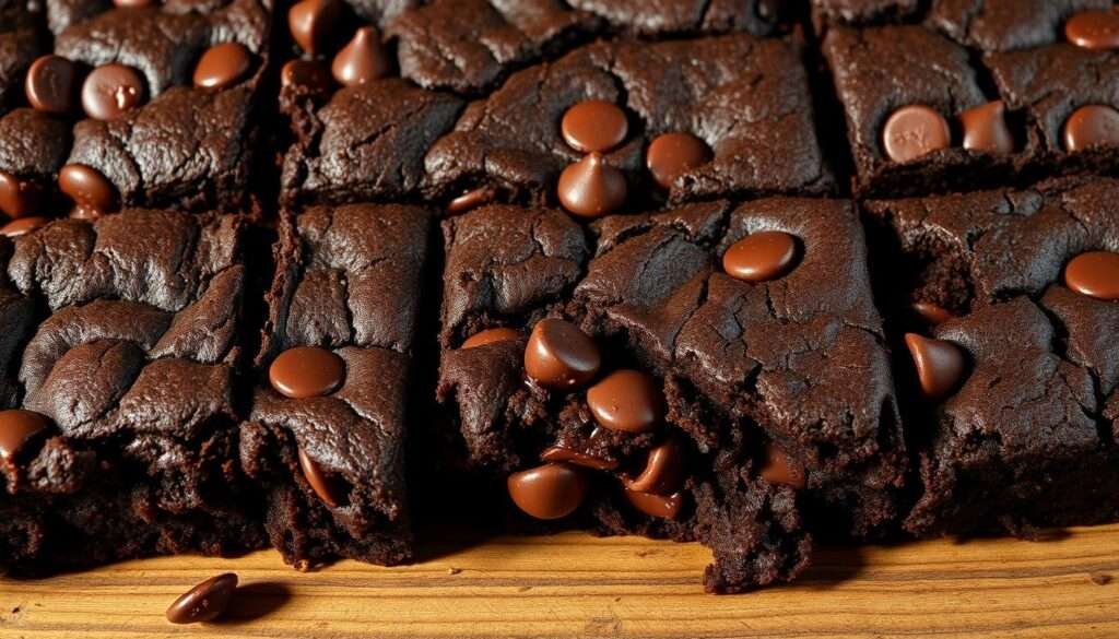 A close-up shot of a freshly baked batch of fudgy, chewy brownies with a crackly top, known as "brookies" - a hybrid of brownies and chocolate chip cookies. The brownies are dark chocolate in color, with a dense, moist texture and gooey, fudgy interior. Scattered throughout are pockets of melted chocolate chips, adding pockets of rich, molten sweetness. The image is lit from above, casting dramatic shadows that accentuate the brownie's decadent appearance. The brownies are arranged on a rustic wooden surface, with a neutral background that allows the viewer to focus solely on the irresistible treat.