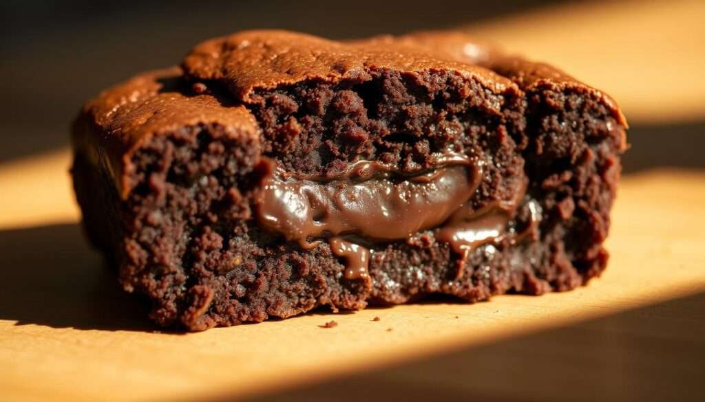 A close-up shot of a freshly baked, fudgy and chewy brownie, featuring a rich, dark chocolate color and a soft, moist texture. The brownie is cut in half, revealing its gooey and decadent interior, with visible swirls of melted chocolate and a slightly crackled top. The lighting is warm and inviting, casting gentle shadows that accentuate the brownie's sumptuous appearance. The composition is centered, allowing the viewer to focus on the tantalizing details of the dessert. The overall mood is one of indulgence and temptation, perfectly capturing the essence of a "fudgy chewy" treat.