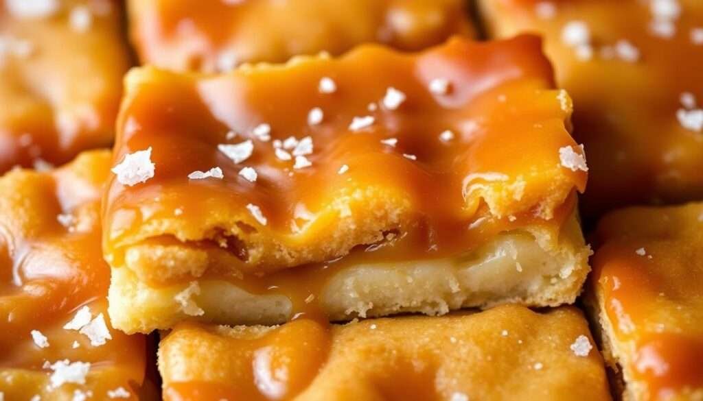 A close-up shot of a freshly baked salted caramel apple bar, its golden-brown crust glistening with a decadent layer of salted caramel sauce. Flakes of sea salt contrast with the sweet, tart flavor of tender apple slices nestled within a buttery shortbread crust. The image is bathed in warm, soft lighting, highlighting the inviting texture and rich colors of the dessert. The composition draws the viewer's gaze to the center of the frame, where the salted caramel apple bar takes center stage, surrounded by a minimal, clean background that allows the dessert to shine. This mouthwatering image perfectly captures the essence of the "Irresistible Salted Caramel Apple Bars for Fall" section of the article.