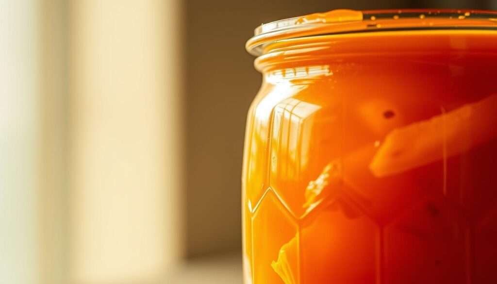 A close-up shot of a glass jar filled with vibrant, glossy orange marmalade. The jar is positioned in the foreground, capturing the rich, translucent texture and the slight jiggle of the spread. Warm, natural lighting from the side creates a soft, golden glow, highlighting the small, visible pieces of orange peel suspended within the marmalade. The background is softly blurred, emphasizing the jar as the focal point. The overall mood is inviting, appetizing, and evocative of homemade, artisanal preserves.