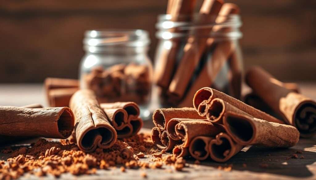 A close-up shot of freshly ground cinnamon sticks, their rich reddish-brown hues glistening under soft, warm lighting. The texture of the bark-like exterior is visible, with hints of the fragrant, aromatic powder peeking through. In the middle ground, a glass jar filled with cinnamon quills sits atop a rustic wooden surface, casting gentle shadows. The background is blurred, creating a cozy, inviting atmosphere, emphasizing the sensory experience of this versatile spice. The image conveys the comforting, homely essence of cinnamon, perfect for baking delectable treats on a cozy day.