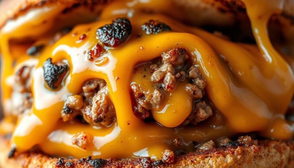 A close-up shot of freshly seared ground beef, sizzling and charred to perfection, nestled between melted layers of gooey, golden-brown cheese. The beef is juicy and seasoned with a blend of savory spices, while the cheese drips and oozes, creating a tantalizing, mouthwatering scene. The lighting is warm and natural, highlighting the textures and tones of the ingredients. The focus is sharp, drawing the viewer's attention to the delicious, comforting combination of char and cheese, perfectly capturing the essence of a satisfying, homemade smashburger filling.