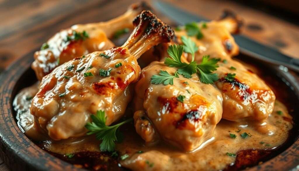 A close-up shot of tender chicken tips, coated in a rich and creamy sauce, garnished with fresh parsley, and served on a rustic wooden table. The chicken is sizzling, the sauce glistens, and the overall scene evokes a sense of comforting home-cooked goodness. The lighting is soft and warm, highlighting the textures and colors of the dish. The camera angle is slightly elevated, providing a visually enticing perspective that showcases the dish's mouthwatering details.