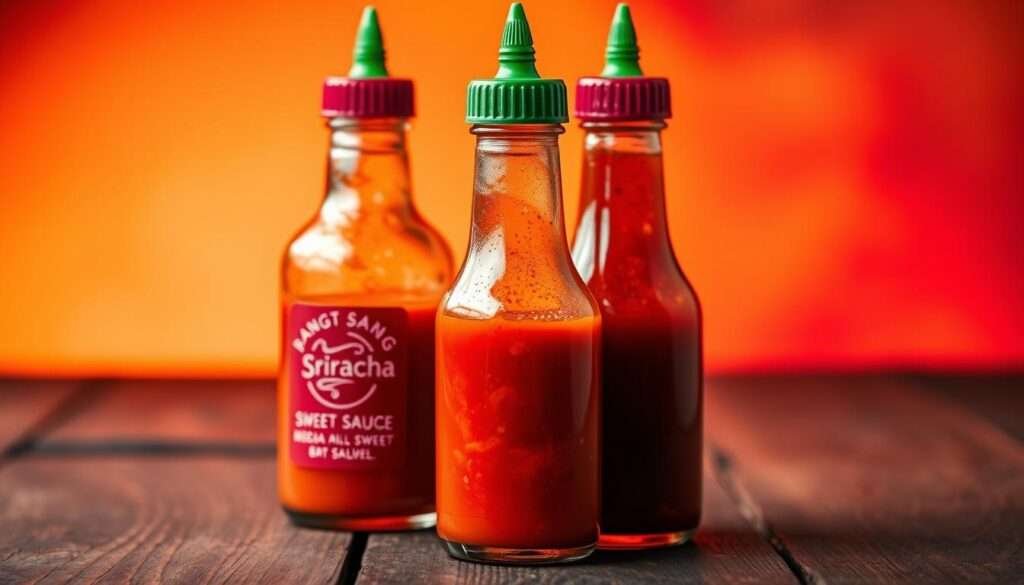 A close-up shot of two glass bottles filled with vibrant, glossy sriracha and sweet chili sauces. The bottles are placed on a rustic wooden surface, with a vibrant, gradient background that subtly shifts from warm oranges to deep reds, creating a dynamic and appetizing atmosphere. The lighting is soft and directional, highlighting the texture and sheen of the sauces, which appear rich and inviting. The composition is balanced, with the bottles slightly angled to draw the eye and create a sense of depth. The overall mood is one of temptation and culinary delight, perfectly capturing the essence of the "Bang Bang Chicken Bowl" recipe.