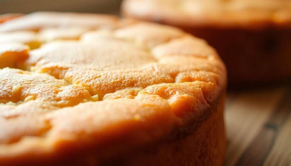 A close-up view of a freshly baked classic French butter cake, showcasing its golden brown, melt-in-your-mouth crust. The cake is shot from a low angle, highlighting the crisp, caramelized edges that transition into a soft, tender crumb. The lighting is warm and diffused, casting a gentle glow on the surface, accentuating the cake's luxurious texture and inviting the viewer to imagine the rich, buttery flavor. The background is blurred, placing the focus entirely on the captivating crust, which serves as the star of the scene.
