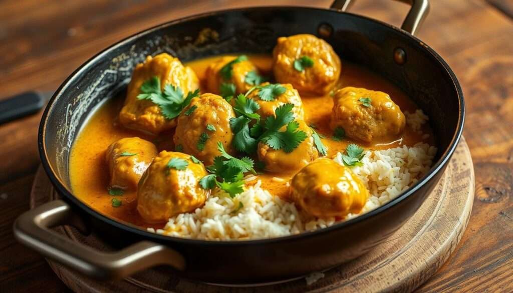 A close-up view of a sizzling skillet filled with tender chicken pieces coated in a rich, creamy butter sauce, garnished with fresh coriander and served atop a bed of fragrant basmati rice. The lighting is warm and inviting, with a slight sheen on the sauce and a hint of steam rising from the dish. The skillet is positioned on a sturdy wooden table, with a rustic, textured background that evokes the casual, homestyle ambiance of a Texas roadhouse. The overall scene exudes a comforting, mouthwatering atmosphere, inviting the viewer to imagine the bold, savory flavors of this Texas Roadhouse-inspired butter chicken dish.