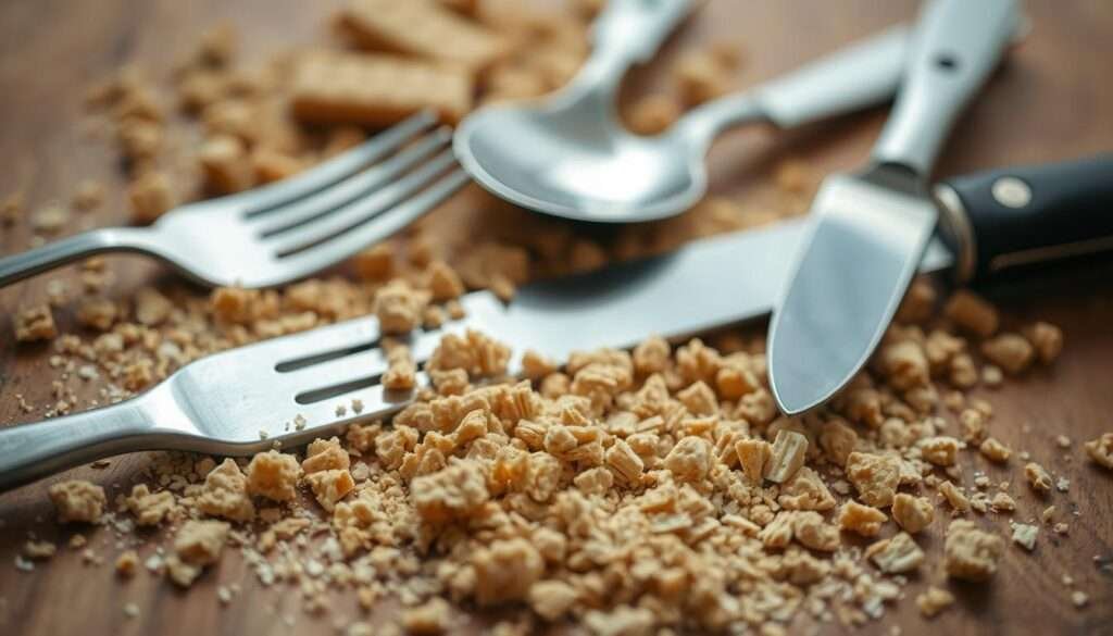 A close-up view of a wooden table with a scattered arrangement of various kitchen utensils, including a fork, spoon, and knife, partially obscured by a layer of fine graham cracker crumbs. The lighting is soft and diffused, creating a warm, inviting atmosphere. The focus is on the textures and interplay of the metallic utensils and the delicate, grainy crumbs, suggesting the preparation of a delightful dessert. The composition is balanced, with the utensils and crumbs occupying the foreground, while the background remains subtly blurred, allowing the viewer to concentrate on the central elements.
