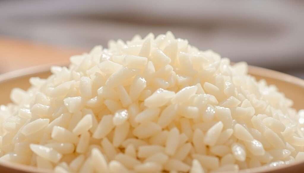A closeup of a pile of fragrant, freshly cooked white rice grains, with a light, fluffy texture and a glossy sheen. The rice is artfully arranged on a neutral-colored ceramic plate or bowl, set against a softly blurred, natural background. The lighting is warm and inviting, highlighting the delicate grain patterns and creating gentle shadows that add depth and dimension to the scene. The overall mood is one of simplicity, elegance and the comforting appeal of a humble, nourishing staple food.