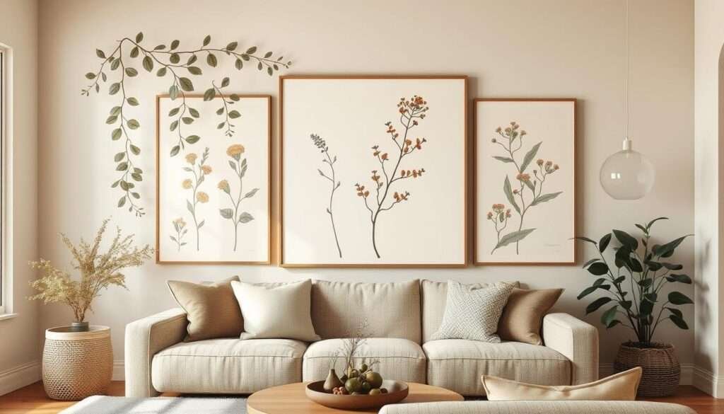 A collection of botanical prints and nature studies, meticulously rendered in a warm, earthy palette. Delicate leaves, flowers, and natural forms cascade across the frame, creating a sense of organic harmony. The lighting is soft and diffuse, highlighting the textural details of the artwork. The composition is balanced and inviting, drawing the viewer's eye across the serene, rustic scene. This curated selection of botanical prints grounds the space in a timeless, nature-inspired aesthetic that perfectly complements the cozy, farmhouse-inspired living room.