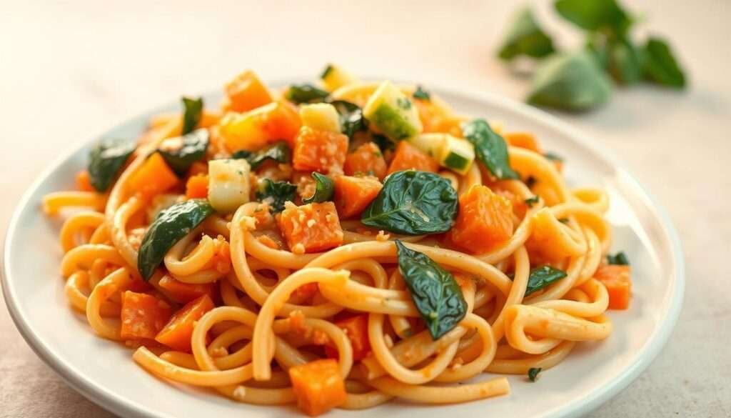 A colorful and inviting plate of freshly cooked pasta, with a variety of chopped vegetables like carrots, zucchini, and spinach gently folded into the noodles. The pasta is dressed in a creamy, tomato-based sauce, adding a comforting, kid-friendly appeal. The lighting is soft and warm, casting a cozy glow over the dish, set against a neutral background that allows the vibrant colors of the pasta and veggies to take center stage. The composition is balanced, with the pasta occupying the foreground and the vegetables dispersed throughout, creating a visually appealing and appetizing scene.