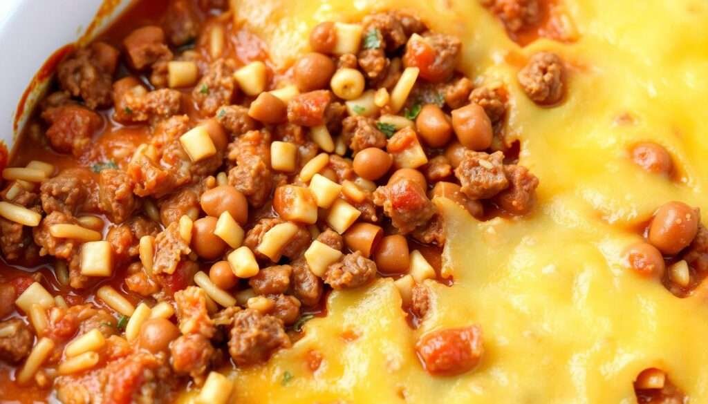 A comforting casserole dish filled with savory ground beef, fluffy white rice, and melted cheddar cheese. The beef simmers in a rich tomato-based sauce, infused with aromatic herbs and spices. Shreds of tender beef and grains of rice are nestled together, creating a homey, satisfying texture. The casserole is baked until the cheese on top is bubbly and golden brown, casting a warm, inviting glow. Soft natural lighting illuminates the dish, highlighting the layers of ingredients and the satisfying comfort it promises. A classic, family-friendly meal captured in a single, mouthwatering image.