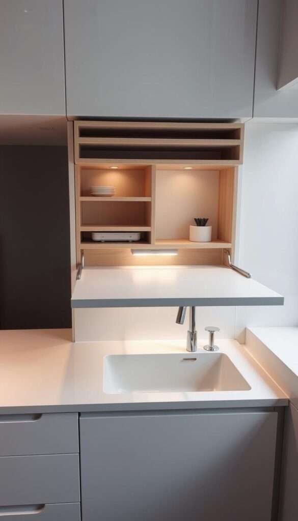 A compact, expandable workspace hovers over a minimalist kitchen sink, its sleek white countertop seamlessly blending with the surrounding cabinetry. Soft lighting casts a warm glow, illuminating the workspace's hidden compartments and adjustable surfaces. Carefully crafted hinges and sliding mechanisms allow the workspace to fold away when not in use, maximizing the available counter space. The scene exudes a sense of effortless organization and functionality, perfectly suited for a tiny kitchen striving to make the most of its limited real estate.