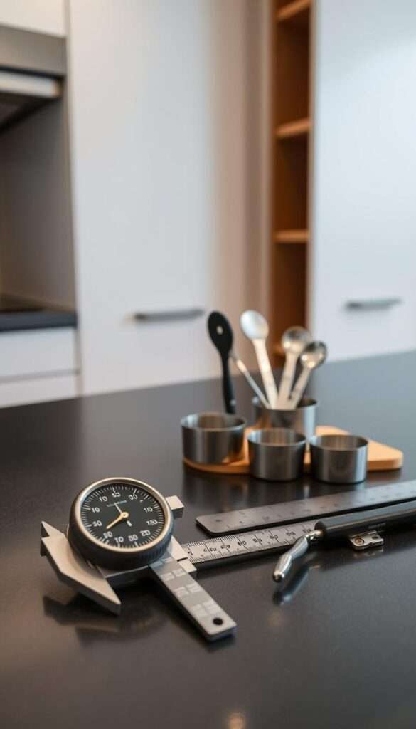 A compact kitchen counter with a variety of precision measurement tools neatly arranged. In the foreground, a digital caliper, a dial micrometer, and a small ruler are precisely positioned. In the middle ground, a set of stainless steel measuring spoons and cups stand ready for accurate portioning. The background features a sleek, minimalist kitchen environment, with clean lines and muted tones to create a sense of order and efficiency. Soft, directional lighting highlights the tools, emphasizing their purpose and importance in the compact kitchen planning process. The overall composition conveys a sense of control, attention to detail, and the importance of precise measurements in optimizing a small kitchen layout.