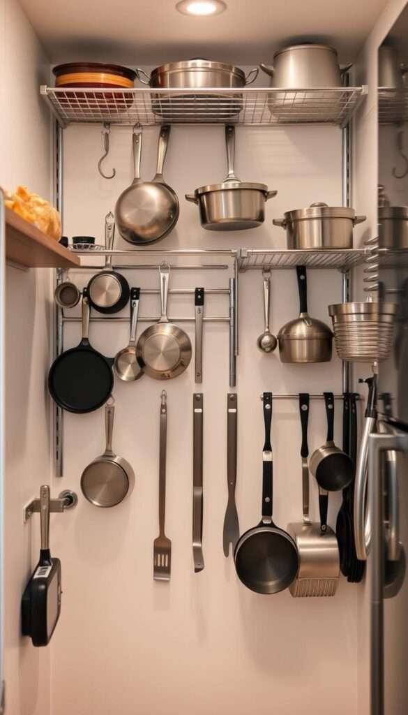 A compact kitchen interior with a sleek vertical storage solution featuring an assortment of hanging cookware. The middle ground showcases a well-organized system of metal racks, hooks, and shelves that maximizes the available wall space, allowing pots, pans, utensils, and other culinary items to be neatly displayed and easily accessible. The background is softly illuminated, creating a warm and inviting atmosphere that complements the functional yet stylish design. The camera angle is slightly elevated, capturing the efficient use of vertical space and the harmonious interplay of the kitchen's practical and aesthetic elements.