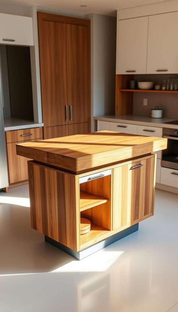 A compact kitchen island with a sturdy butcher block top, floating on a sleek, minimalist base. The island features hidden storage compartments, neatly concealed from view, maximizing the available space. Warm, natural lighting casts a soft glow, accentuating the wood grain and creating an inviting atmosphere. The island is positioned in a bright, airy kitchen, with clean lines and a subtle color palette that complements the wood tones. The overall design is both functional and visually appealing, perfectly suited for a small, modern kitchen.