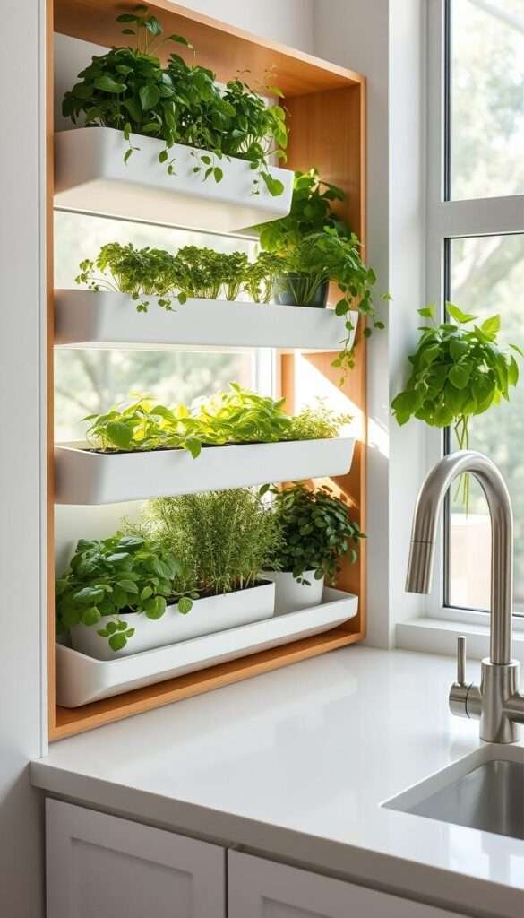 A compact, modern indoor herb garden with a built-in, automated irrigation system. The garden is set in a bright, airy kitchen with natural light flooding through large windows. The herbs are neatly arranged in sleek, minimalist planters integrated into a custom shelving unit. Soft, diffused lighting highlights the lush, vibrant greenery. The overall aesthetic is clean, sophisticated, and inviting, perfectly complementing the small kitchen's decor. A stainless steel faucet and other kitchen accents create a cohesive, high-end look. The compact garden adds a touch of fresh, natural charm while providing easy access to flavorful herbs.