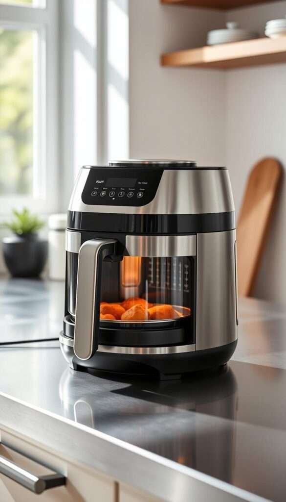 A compact, space-saving kitchen appliance with a sleek, modern design sits on a polished stainless steel countertop. The appliance features multiple functions, including air frying, convection baking, and a built-in instant pot, all seamlessly integrated into a single, streamlined unit. Bright, natural light floods the scene, highlighting the appliance's clean lines and intuitive controls. The overall mood is one of efficiency and practicality, reflecting the needs of a compact kitchen layout. The appliance is positioned at a slight angle, allowing for a clear, unobstructed view of its various features and capabilities.