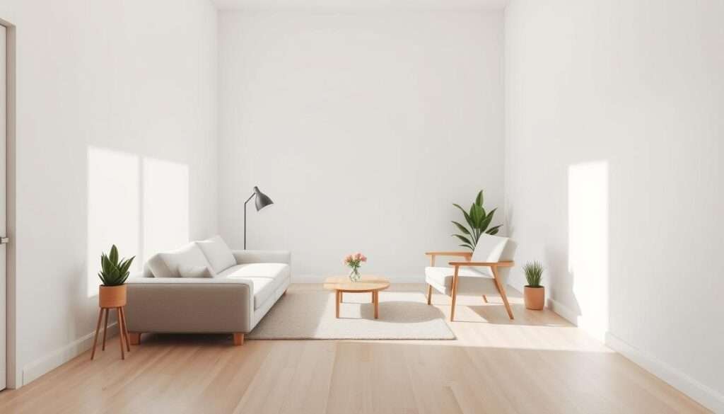 A compact yet airy minimalist living room layout with clean lines and subtle textures. A large window floods the space with natural light, casting gentle shadows across a low-profile sofa and armchair. A small side table and a simple floor lamp provide functional accents. The pale wood floors and white walls create a calming, uncluttered atmosphere. Strategically placed potted plants add a touch of organic greenery. The composition emphasizes efficient use of limited square footage through thoughtful furniture placement and neutral color palette. A serene, harmonious scene that inspires tranquility in a small-scale minimalist home.