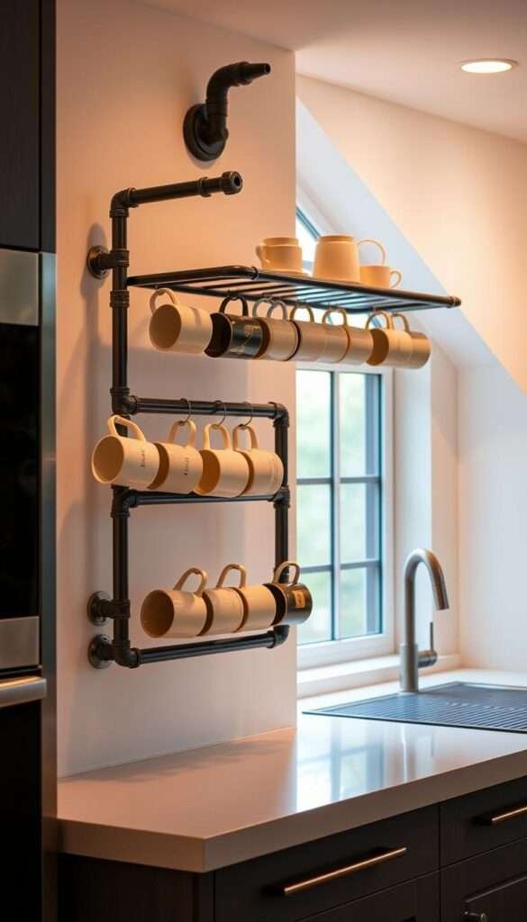 A contemporary industrial-style kitchen with a striking metal pipe mug rack installation. The rack features a sleek, minimalist design with a strong focus on vertical space utilization. Crafted from sturdy steel pipes, the rack is mounted securely on the wall, creating an organized and visually appealing display for an assortment of mugs. The lighting is a combination of warm, diffused natural light from nearby windows and subtle, integrated task lighting that casts a soft glow onto the metal surfaces. The overall mood is one of modern functionality and efficient space management, perfectly complementing the busy lifestyle theme of the article.
