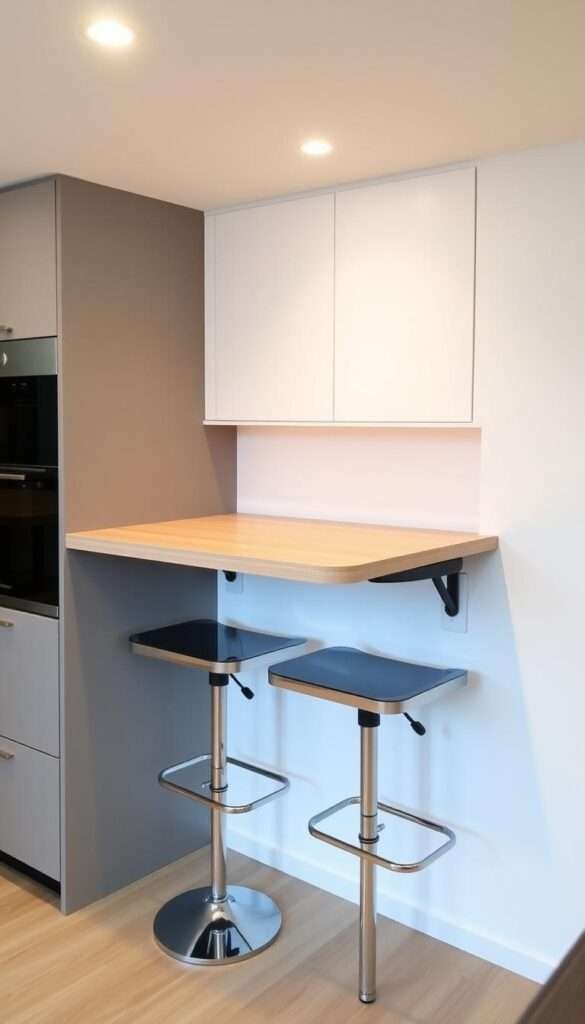 A contemporary, minimal fold-down dining table with an integrated bar counter and stools. The table is mounted on the wall, flush with the kitchen cabinetry, with two sleek, adjustable chrome stools tucked neatly underneath. The tabletop is made of a light-colored wood, creating a warm, natural contrast against the white walls and grey countertops. Soft, indirect lighting from recessed ceiling fixtures casts a gentle glow, illuminating the simple, functional design. The scene conveys a sense of efficient space utilization and adaptable dining in a modern, streamlined small kitchen.