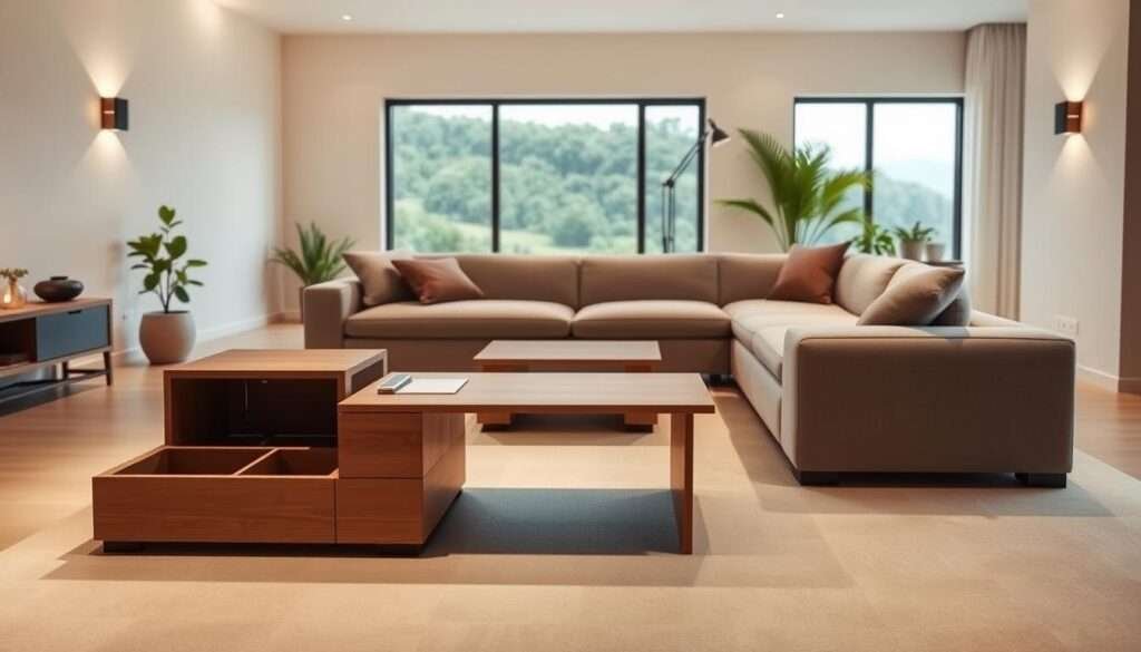 A contemporary, minimalist living room with a versatile, multifunctional piece of furniture as the focal point. In the foreground, a sleek, wooden coffee table with built-in storage compartments and a hidden, adjustable laptop or tablet stand. In the middle ground, a modular, L-shaped sofa with clean lines and a reversible chaise lounge that can be rearranged to suit different layouts. Soft, indirect lighting from wall sconces creates a cozy, atmospheric ambiance. The background features neutral-toned walls, a large window overlooking a serene, natural landscape, and a few potted plants to bring a touch of greenery into the space. The overall scene conveys a sense of intentional, space-saving design that seamlessly integrates function and aesthetics.