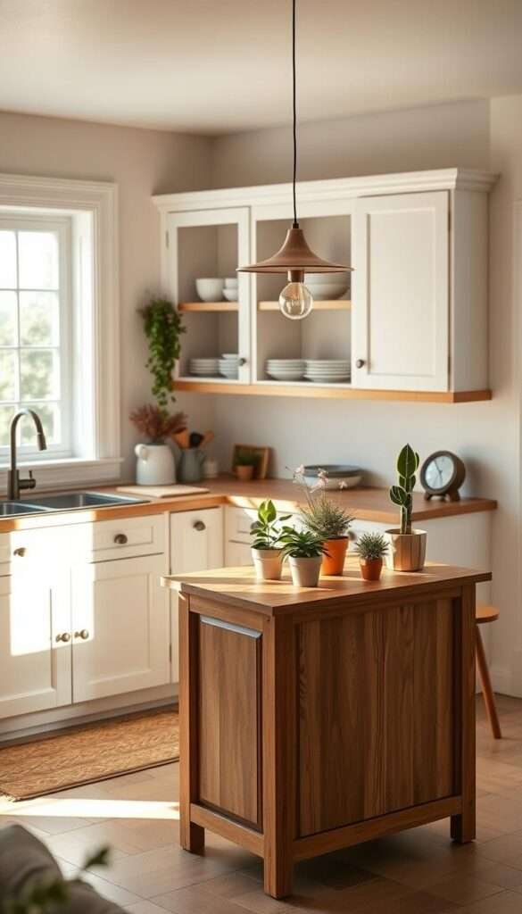 A cozy Scandinavian-inspired boho kitchen bathed in soft, natural light. The foreground features a compact wooden island with a minimalist vibe, adorned with potted plants and a single pendant light. The middle ground showcases white shaker-style cabinets, open shelves displaying ceramic dishware, and a large window that floods the space with warm, diffused sunlight. The background hints at a neutral-toned wall, creating a calm, serene atmosphere that invites you to linger and soak in the tranquil ambiance.