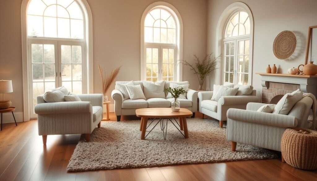 A cozy, Scandinavian-inspired living room bathed in warm, glowing light. The space is centered around a plush, overstuffed sofa in a soft, creamy white tone, complemented by a pair of matching armchairs. A shag rug in an oatmeal hue covers the hardwood floor, while a large, wooden coffee table anchors the seating area. Tall, arched windows allow natural light to pour in, casting a gentle, golden glow throughout the room. Delicate, woven accents, such as a hanging plant and a wicker basket, add texture and a touch of organic warmth. The overall atmosphere is one of serene, inviting comfort - a sanctuary of calm and coziness.