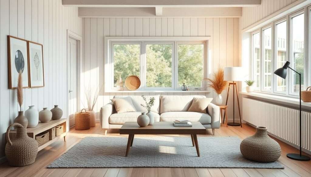 A cozy Scandinavian living room, filled with natural light streaming through large windows. The focal point is a minimalist, low-profile sofa in soft, muted tones, accented by a sleek, wooden coffee table and a plush, textured rug. Decorative elements like ceramic vases, woven baskets, and a small potted plant add artful accents, complementing the room's clean lines and neutral palette. The walls feature a subtle, whitewashed timber paneling, creating a sense of warmth and simplicity. Warm, diffused lighting from a pendant fixture and floor lamp casts a gentle glow, enhancing the room's calming atmosphere. The overall scene exudes a harmonious, serene ambiance, embodying the essence of Scandinavian design.