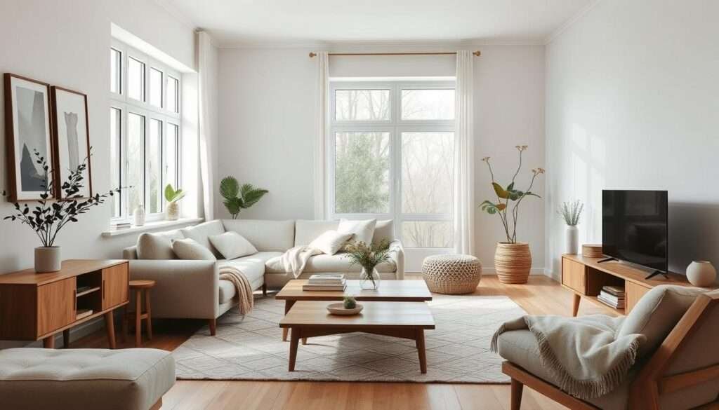 A cozy Scandinavian living room with a minimalist, clutter-free aesthetic. The room features a plush, neutral-toned sofa adorned with soft, natural-colored textiles. Scandinavian-inspired wood furniture, such as a low-profile coffee table and a sleek TV stand, create a harmonious, understated vibe. Large windows allow ample natural light to pour in, illuminating the space with a serene, airy atmosphere. Pops of greenery, such as a potted plant or a minimalist floral arrangement, add a touch of organic warmth. The room is bathed in a soft, diffused lighting, creating a calming, meditative ambiance that evokes a sense of Scandinavian minimalism and timeless sophistication.