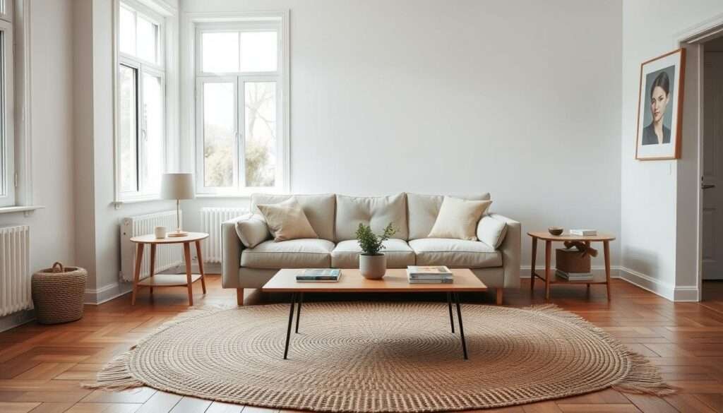 A cozy Scandinavian living room with clean, minimalist design. Soft, natural lighting filters through large windows, casting a warm glow on the wooden floors and white walls. A plush, neutral-toned sofa sits centered, flanked by simple, modern side tables. Atop the coffee table, a potted plant and a stack of design magazines create a serene, inviting atmosphere. The room is accented by a large, woven area rug and a few framed artworks, reflecting the Scandinavian emphasis on functionality and natural materials. Overall, the space conveys a sense of tranquility and understated elegance.