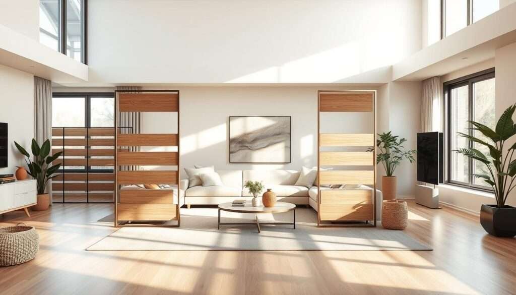 A cozy and airy open-plan living room, with a series of modern, minimalist area dividers strategically placed to visually demarcate distinct zones. The dividers are constructed from light-colored wood or sleek metal, featuring clean geometric forms and a harmonious blend of horizontal and vertical elements. Soft, ambient lighting creates a warm, inviting atmosphere, with natural sunlight filtering through large windows, casting gentle shadows that add depth and texture to the space. The dividers are arranged in a thoughtful, asymmetrical layout, subtly guiding the eye and movement through the room, while preserving an open, flowing feel. Hints of earthy tones and natural materials, such as woven baskets or potted plants, complement the refined, contemporary aesthetic, fostering a sense of balance and relaxation.