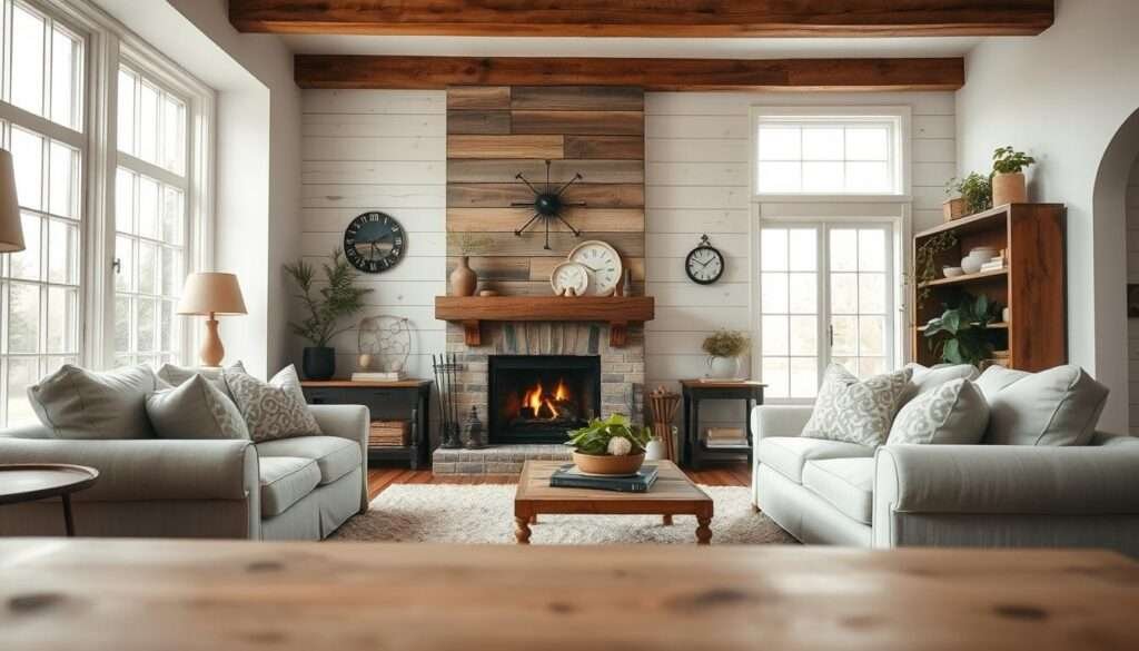 A cozy and charming farmhouse-inspired living room, bathed in soft natural light from large windows. The focal point is a stunning shiplap wall feature, its rustic wooden planks complemented by exposed ceiling beams and a reclaimed wood mantel framing a crackling fireplace. Plush linen upholstery, vintage-inspired decor, and a plush area rug create a warm and inviting ambiance, perfect for relaxation. The composition is balanced, with the shiplap wall taking center stage while allowing for a glimpse of the rest of the space, including a glimpse of a wooden bench or ottoman in the foreground. The overall mood is one of rustic elegance and farmhouse chic.