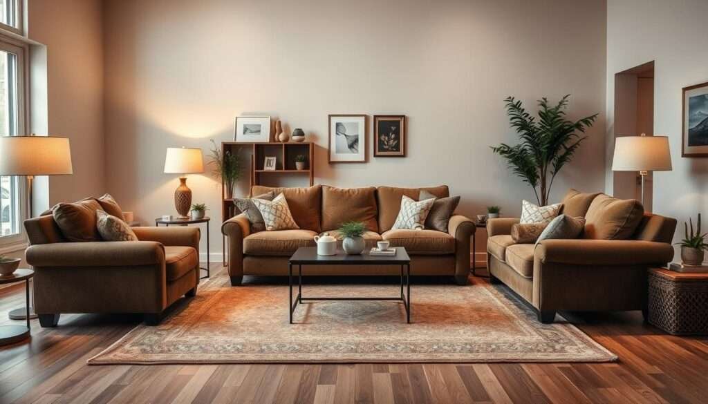 A cozy and comfortable living room with plush seating arrangements. The focal point is a large, overstuffed sofa in a rich, earthy tone, flanked by two matching armchairs. The furniture is arranged in a U-shape, creating an inviting conversation area. Soft, warm lighting from a pair of floor lamps casts a gentle glow, while a large area rug in a complementary pattern grounds the space. The walls are painted in a soothing neutral shade, and a few carefully curated decorative accents, such as framed artwork and potted plants, add personal touches. Overall, the scene conveys a sense of relaxation and togetherness, perfect for a large living room that feels cozy and welcoming.
