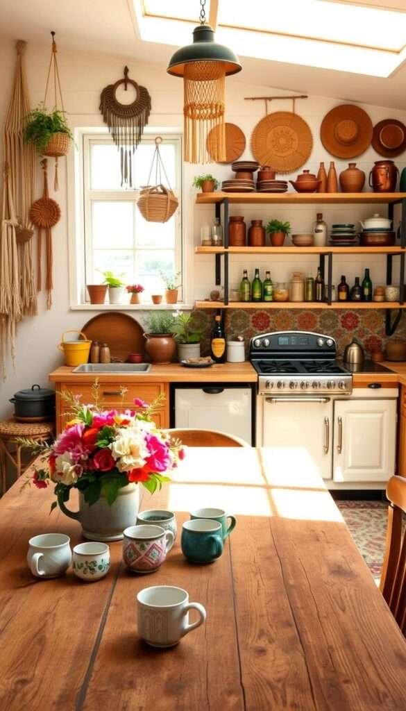 A cozy and eclectic boho kitchen with warm natural lighting filtering through large windows, highlighting a mix of vintage and modern decor elements. In the foreground, a rustic wood table is adorned with a vibrant floral centerpiece and an assortment of mismatched ceramic mugs. On the walls, a collection of macrame plant hangers and woven wall art create a laidback, bohemian ambiance. The middle ground features a mix of open shelving displaying a curated collection of earthenware, copper pots, and antique glass bottles. In the background, a vintage stove and farmhouse sink are surrounded by colorful, patterned tile backsplash, tying the whole space together in a harmonious, effortlessly collected style.
