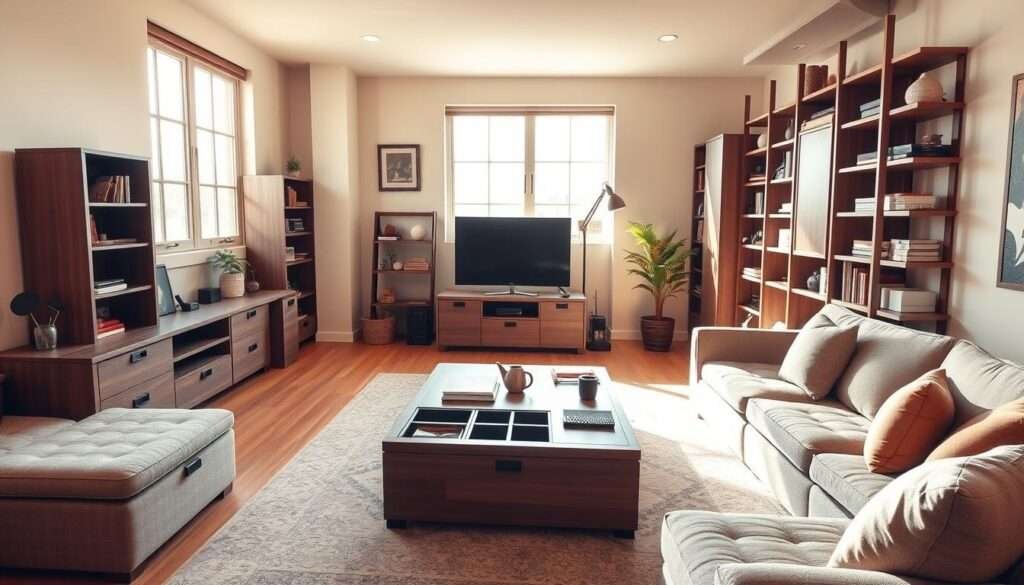 A cozy and functional small living room with ample multifunction and storage furniture. The space is bathed in warm, natural lighting from large windows, creating a welcoming ambiance. In the foreground, a plush sectional sofa with built-in storage ottomans provides ample seating and concealed storage. Across, a sleek TV stand with drawers and shelves for media and decor. In the middle, a modular coffee table with hidden compartments doubles as a workspace. Along the walls, tall bookshelves with adjustable shelves maximize vertical space, displaying trinkets and books. The room emanates a harmonious and organized feel, showcasing how strategic furniture placement can make the most of a compact living area.