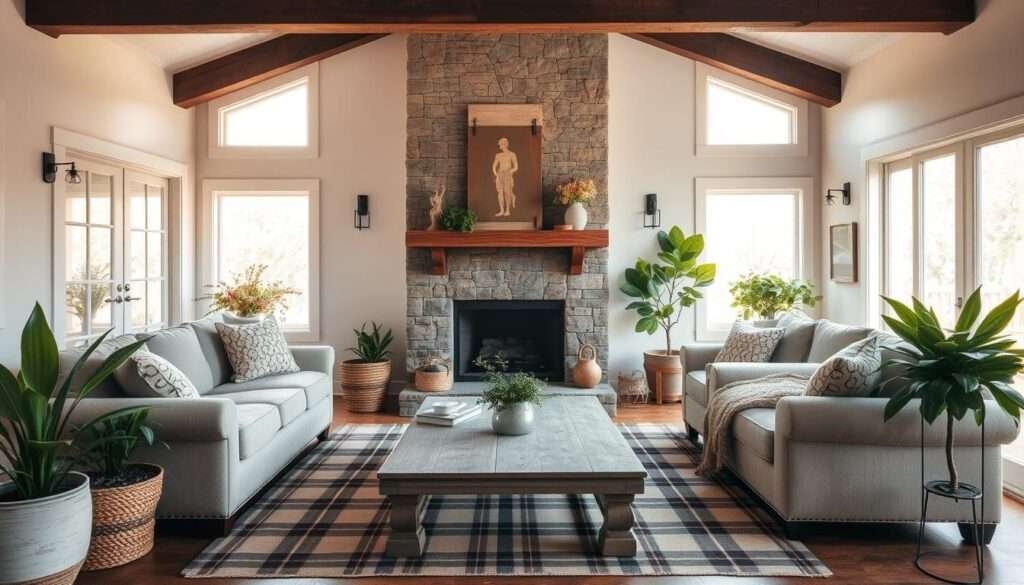 A cozy and inviting DIY farmhouse-style living room bathed in warm natural light streaming through large windows. The focal point is a rustic stone fireplace with a reclaimed wood mantel, surrounded by plush neutral-toned sofas and armchairs. Vintage farmhouse decor accents like a weathered wood coffee table, woven baskets, and distressed metal wall sconces create a charming, lived-in ambiance. Lush potted plants and a plaid area rug add pops of greenery and texture, while soft neutral-toned walls and ceiling beams complete the serene, pastoral atmosphere.