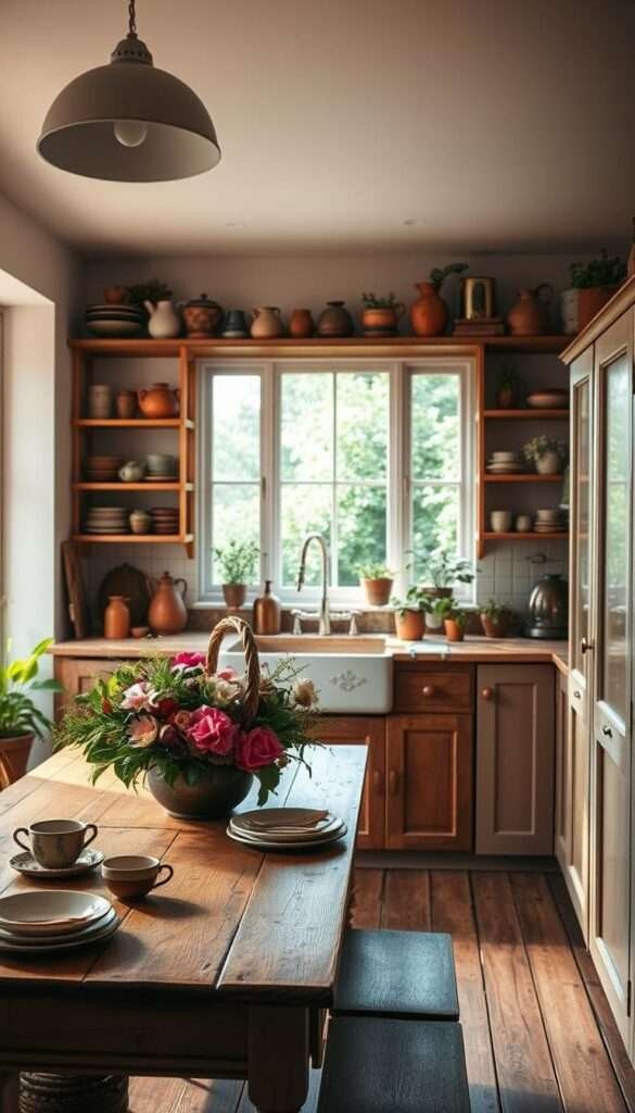 A cozy and inviting bohemian kitchen, bathed in warm, natural light. The foreground showcases a rustic wooden table adorned with a lush floral centerpiece and eclectic tableware. In the middle ground, a mix of vintage-inspired cabinets and open shelves display an artful collection of earthenware, copper pots, and plants. The background features a large window overlooking a lush, verdant garden, creating a serene and tranquil atmosphere. The overall scene exudes a sense of relaxed sophistication, with a touch of bohemian flair through the use of natural textures, earthy tones, and organic elements.