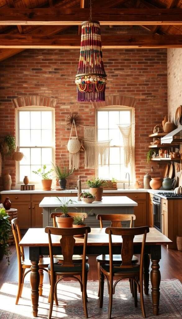 A cozy and inviting bohemian-style kitchen, bathed in warm, natural lighting from large windows. The foreground features a rustic wooden dining table surrounded by an eclectic mix of vintage and mismatched chairs. Hanging above the table, a colorful beaded chandelier casts a soft, ambient glow. In the middle ground, a farmhouse-style kitchen island with a marble countertop is accented by terracotta pots filled with lush, trailing plants. The background showcases exposed brick walls adorned with macrame wall hangings, woven baskets, and a collection of earthenware pottery. The overall atmosphere is one of relaxed, earthy elegance, embodying the essence of a modern, minimalist bohemian aesthetic.