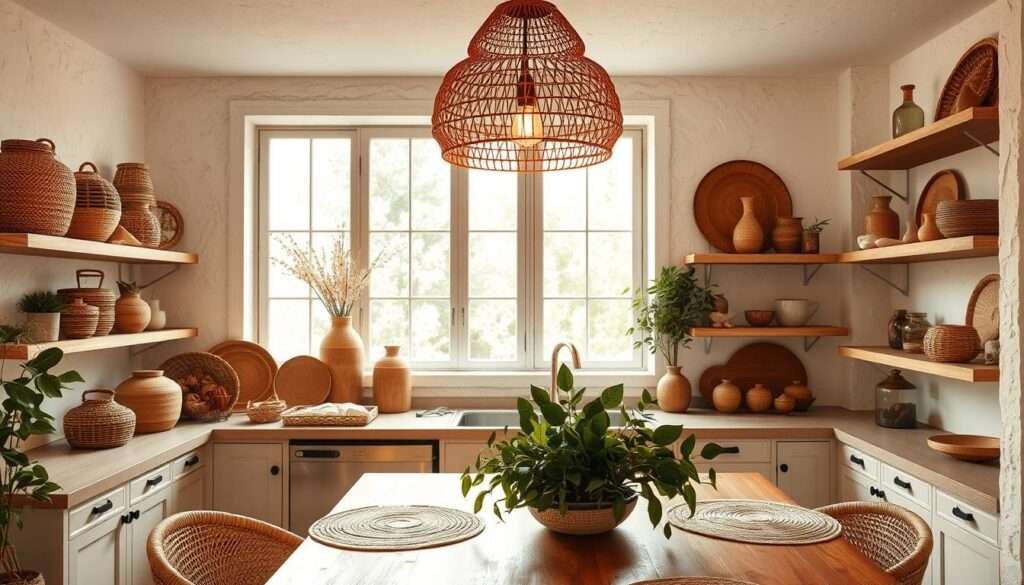 A cozy and inviting boho-chic kitchen, bathed in warm, natural light filtering through large windows. The focal point is a beautifully crafted rattan pendant light fixture, its intricate woven design casting a soft, ambient glow. Complementing the pendant is a collection of rattan baskets, vases, and trays adorning the open shelves, creating a harmonious, earthy aesthetic. In the foreground, a wooden kitchen table is adorned with a lush, leafy centerpiece, while woven placemats and rattan chairs complete the organic, elevated look. The walls feature textured white plaster, adding to the timeless, modern boho feel. The overall atmosphere is one of refined simplicity, inviting the viewer to linger and appreciate the carefully curated details.