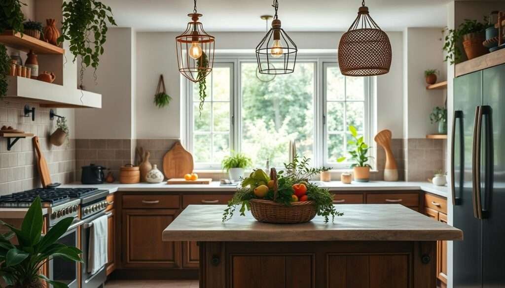 A cozy and inviting boho-chic kitchen with a warm, earthy atmosphere. The foreground features a rustic wooden kitchen island with a natural stone countertop, adorned with hanging plants and a woven basket filled with fresh produce. In the middle ground, a mix of vintage-inspired pendant lights and a tiled backsplash in muted hues create a charming, bohemian ambiance. The background showcases a large window overlooking a lush, verdant garden, allowing natural light to flood the space. The overall mood is one of relaxed, organic elegance, with a focus on sustainable, renter-friendly DIY elements that transform the kitchen into a beautiful, budget-friendly oasis.